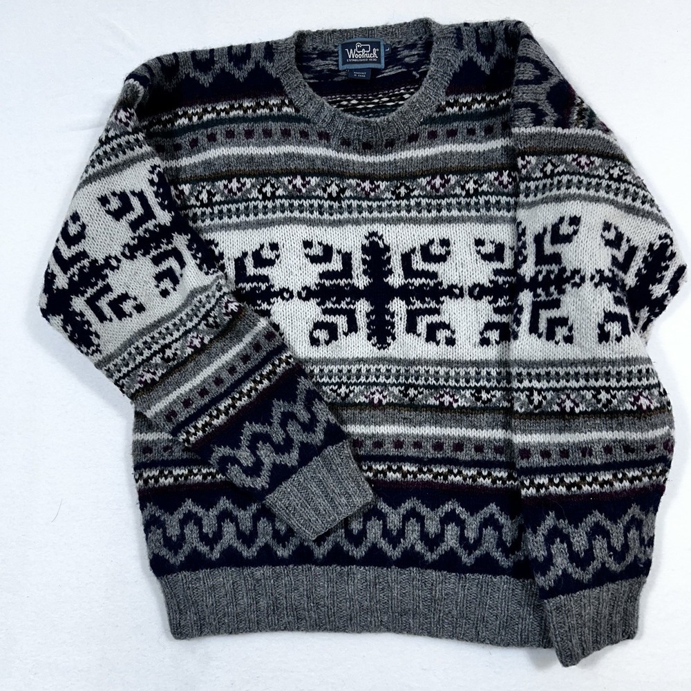 Woolrich‎ Vintage Mens L Handknit Wool Sweater Gray Fair Isle Nordic Heavy Knit